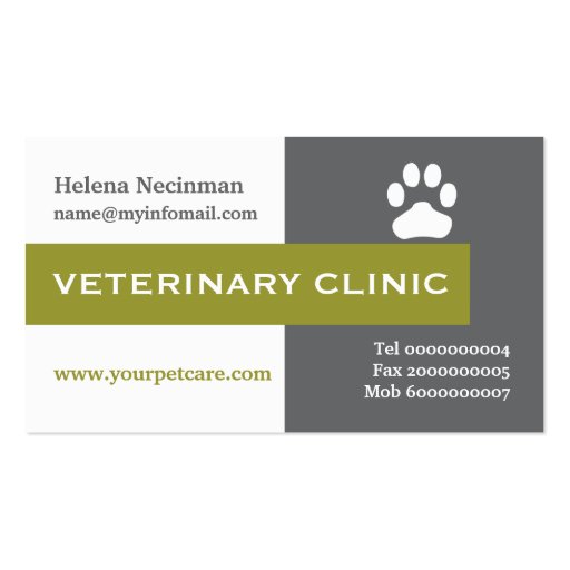 Vet/Veterinary Clinic paw olive green eye-catching Business Card Template (front side)