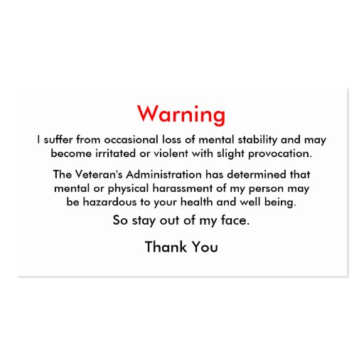 Veteran's Warning Calling Card Business Card Templates (front side)