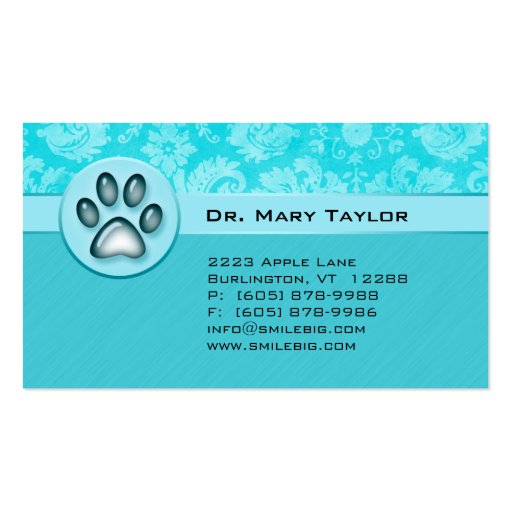 Veterinarian Business Card Damask Blue paws (front side)