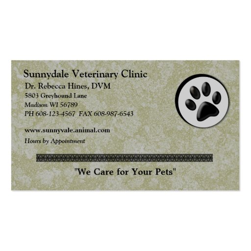 Veterinary Animal Logo with Black and White Paw Business Cards (front side)