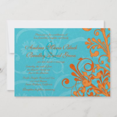 Vibrant Aqua and Orange Floral Wedding Invitation by wasootch