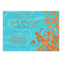 Vibrant Aqua and Orange Floral Wedding Invitation