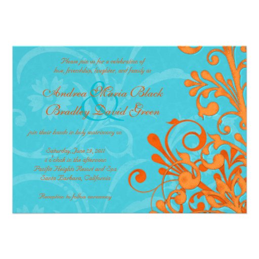 Vibrant Aqua and Orange Floral Wedding Invitation