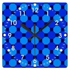 Vibrant Cool Blue Squares Hexagons Tile Pattern Clock