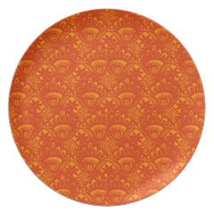 Vibrant Elegant Orange Damask Lace Girly Pattern Plate