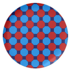 Vibrant Red and Blue Squares Hexagons Tile Pattern Dinner Plates