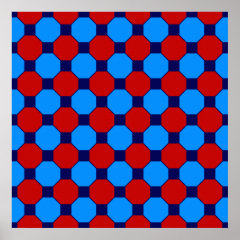 Vibrant Red and Blue Squares Hexagons Tile Pattern Posters