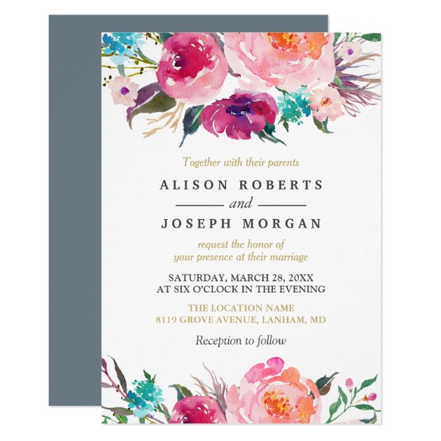 Vibrant Watercolor Botanical Wedding Invitation (front side)
