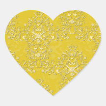 Vibrant Yellow Floral Damask Pattern Heart Stickers