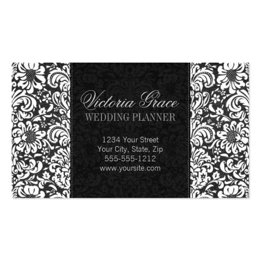 Victoria Black Gray Damask Chic Business Card (back side)