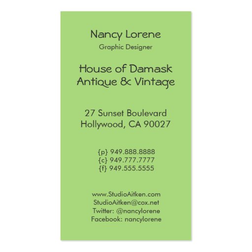 Victorian Arabesque, ALAMEDA in Green Business Card Templates (back side)