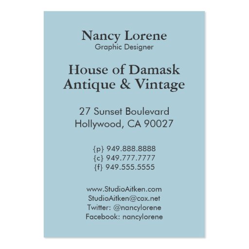 Victorian Arabesque, LADY CIARA - Blue & White Business Card (back side)