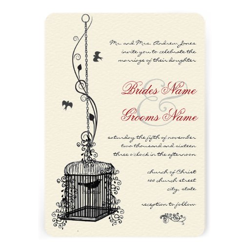 Victorian Birdcage Red Accents Wedding Invitations