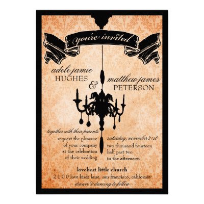 Victorian Chandelier • black & pale orange Wedding Personalized Announcements