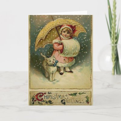 Victorian Child and Cat in Snow Christmas Card