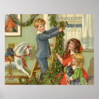 Victorian Children Decorating for Christmas Poster