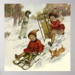 Victorian Children Sledding with Their Pet Dog posters