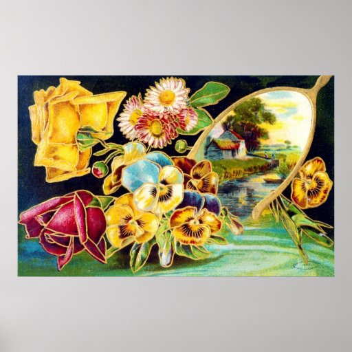 Victorian Floral with Landscape Scenic Poster Zazzle