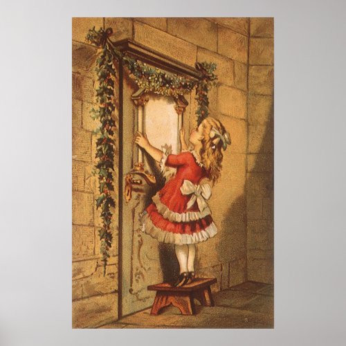 Victorian Girl Hanging Christmas Garland Over Door Posters