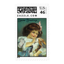 Victorian Girl Scolding Easter Bunny Antique Card Postage Stamps