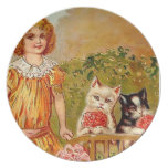 Victorian Girl w/ Cats Vintage Postcard Art Picnic Party Plate