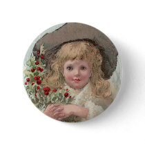 Victorian Girl with Christmas Holly Pinback Button
