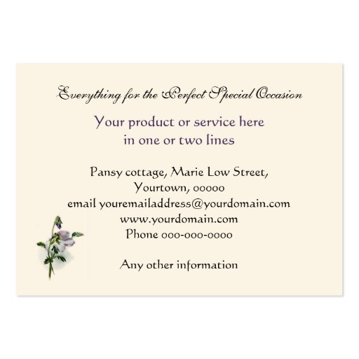 Victorian purple pansies business card (back side)