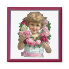 square_magnet - Sweet Victorian girl with Rose Wreath. This vintage Valentine has burgundy border.: Sizes 
