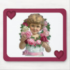 standard_mousepad - Sweet Victorian girl with Rose Wreath. This vintage Valentine has burgundy border and hearts.: Sizes 