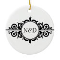 Victorian scroll monogram black white keepsake ornament