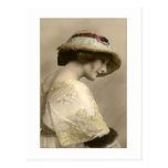 victorian woman hat beaded dress post card