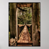 View across a suspension bridge poster