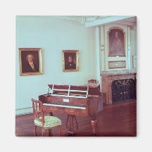 View of a room with a grand piano refrigerator magnets