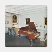 View of a room with a grand piano refrigerator magnets