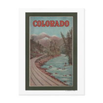 View of Train Alongside River - Travel Poster Postcards