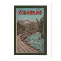 View of Train Alongside River - Travel Poster postcards