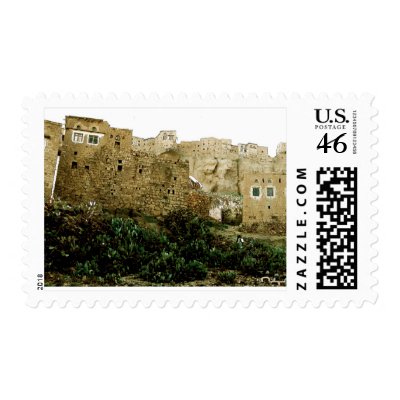 village on inclined rocks postage stamps by nefera