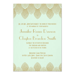 Vintage 20's Art Deco Scallop Mint Gold Wedding 5x7 Paper Invitation Card