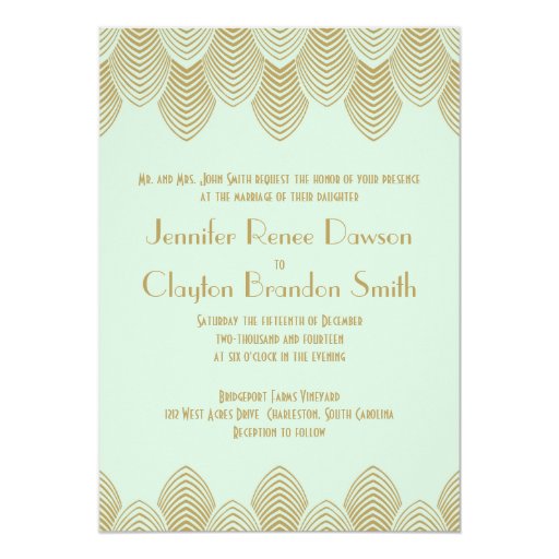 Vintage 20's Art Deco Scallop Mint Gold Wedding Custom Invitations