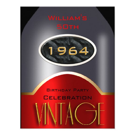 Vintage 50th Red Silver Bottle Birthday Party Personalized Invite