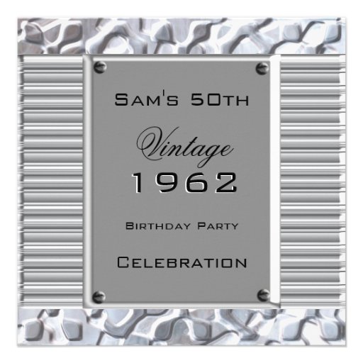 Vintage 50th Silver Metal Look Birthday Party Custom Announcements