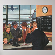 Vintage Airline Ticket Counter with Passengers Poster