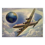 Vintage Airplane Flying Around the World in Clouds Greeting Cards