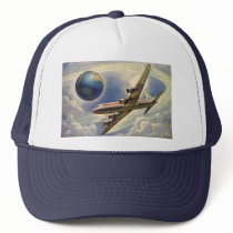Vintage Airplane Flying Around the World in Clouds Mesh Hat