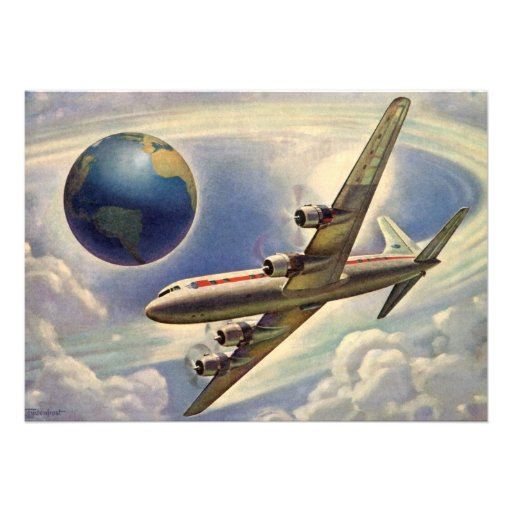 Vintage Airplane Flying Around the World in Clouds Personalized Invites