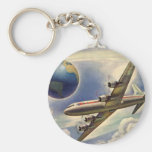 Vintage Airplane Flying Around the World in Clouds Keychains