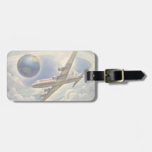 Vintage Airplane Flying Around the World in Clouds Tag For Bags