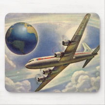 Vintage Airplane Flying Around the World in Clouds Mousepads