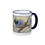 Vintage Airplane Flying Around the World in Clouds Mugs