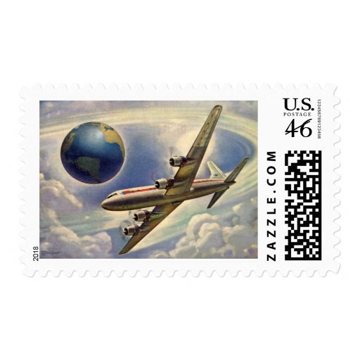 Vintage Airplane Flying Around the World in Clouds Postage Stamps